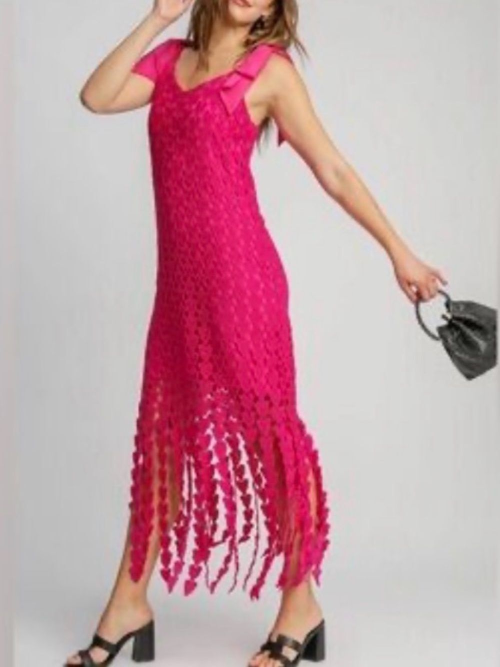 Umgee Fuchsia Crochet Fringe Maxi Dress with Bow Straps